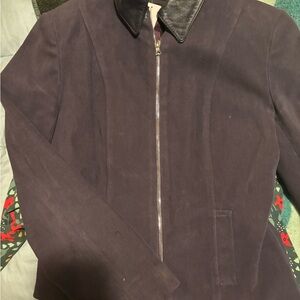 Karen Millen Navy Suede Jacket with Leather Collar - Size 10 - Full Zip Slim Fit